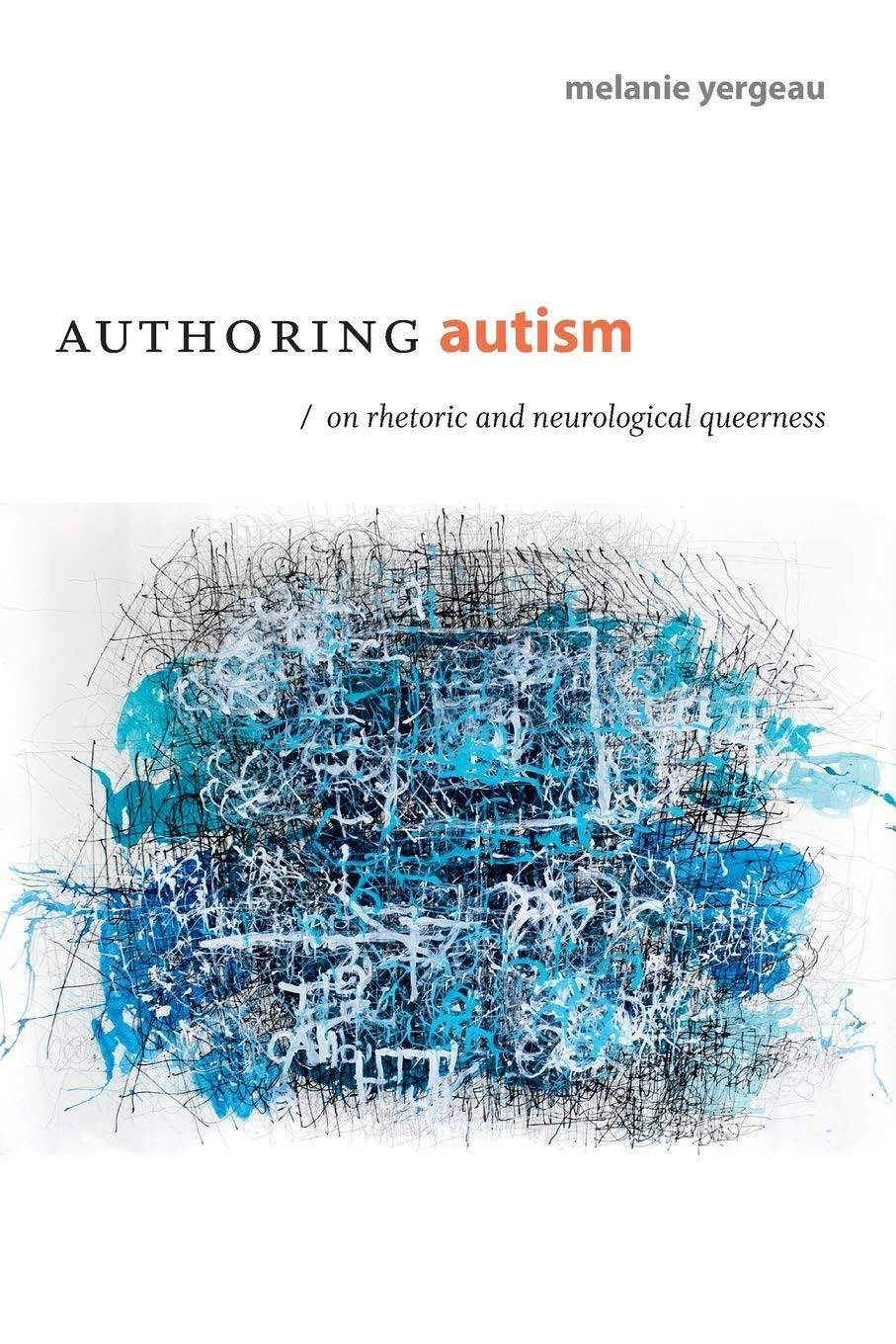 "Authoring Autism" book cover featuring an abstract design of blue and black lines.